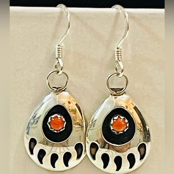 Native American Navajo Sterling Silver & Coral Bear Paw Dangle Earrings - - Picture 1 of 5